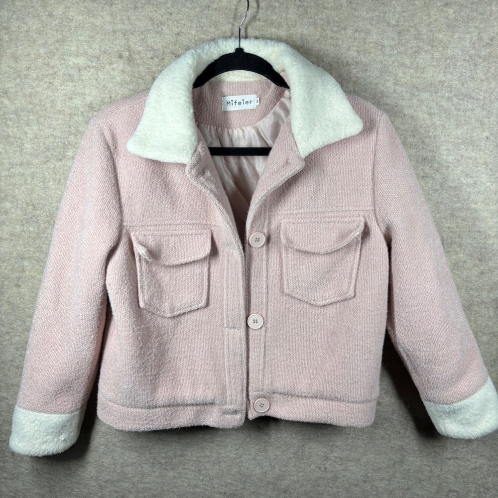 Mifeier Pink Textured Cropped Jacket Fuzzy Collar Cuffs Womens M
